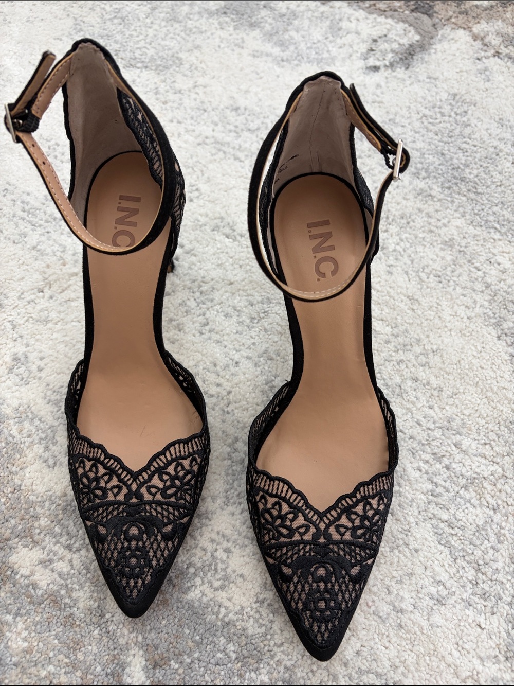 INC International Concepts Black Lace Pointed-Toe Ankle-Strap Heels